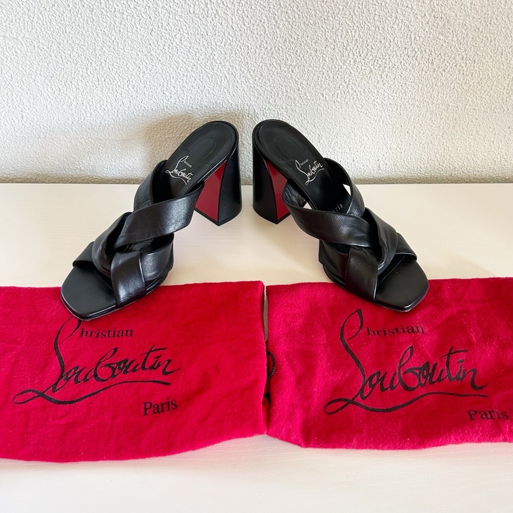 Christian Louboutin Black Leather Crisscross Block Heel Sandals with Red Sole - Picture 2 of 13